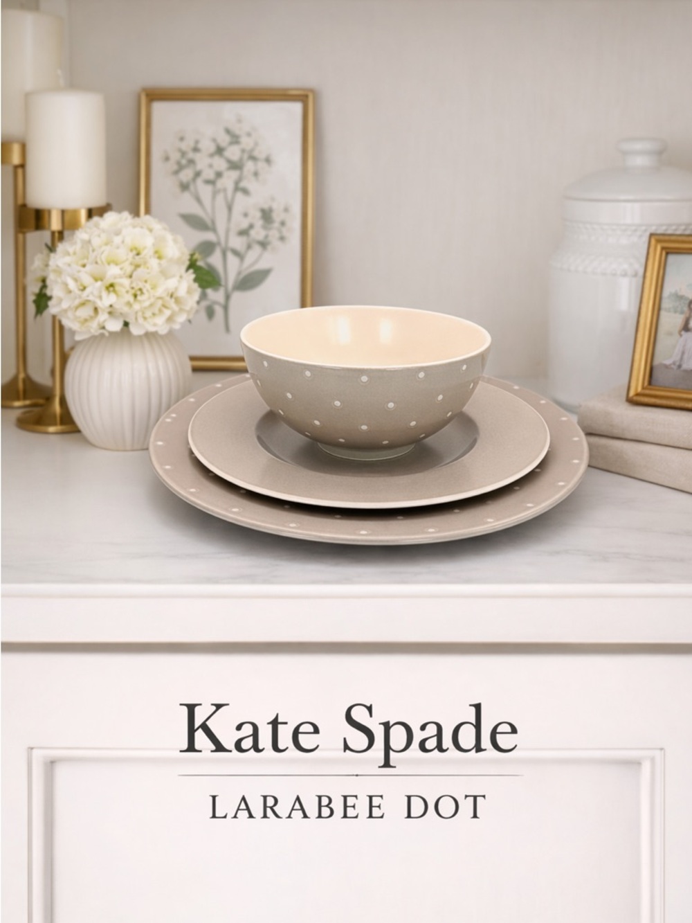 Kate Spade Larabee Dot Taupe 3pc Set Plate Bowl Chic Gift Decor